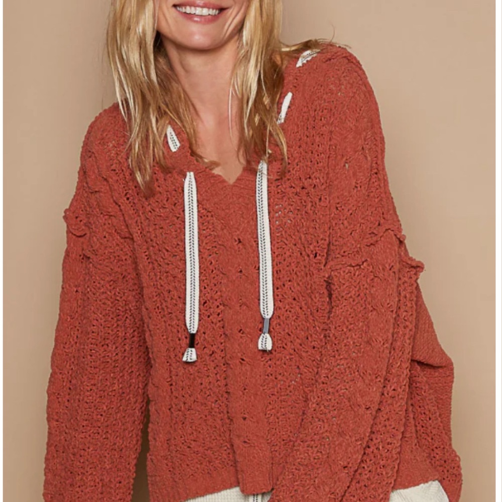 Women’s POL Boutique Terracotta Knit Sweater with Ivory Accents, NWOT, Large